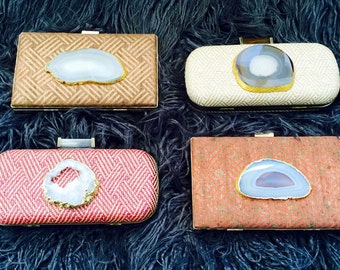 Choice of Chic Clutches covered with Patterned Grasscloth or Cork with Gold-Gilded Agate Slices.