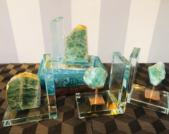 Chic Glass Bookends with Gorgeous Fluorite Crystals & Gold Lead Detailing.