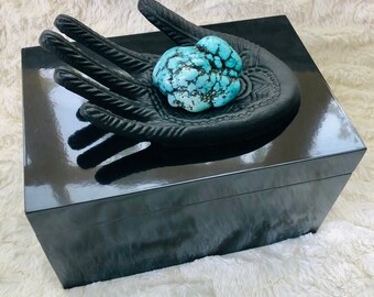 Couture Gold Leaf Box with Black Steel Hand and Turquoise Nugget.