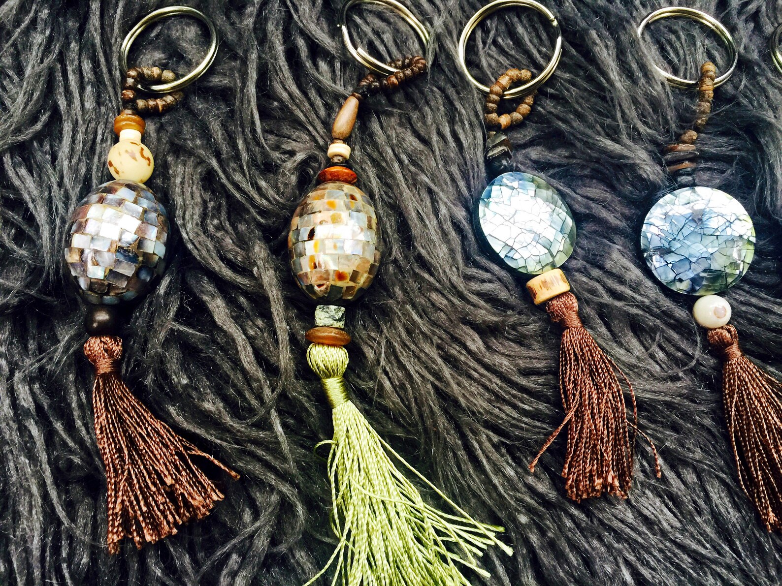 Key Rings With Choice of Mother-of-pearl Beads, Brown or Green Silk ...