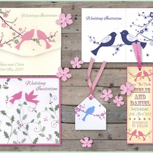 Love Doves decorative birds with branches of cherry blossom Wedding invitation for an invite Sample