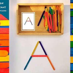 Cartão de peças soltas, padrões de palito de picolé, cartões Alfabeto A-Z, 1-10 cartões, 8 cartões de formato básico, inspirados em Reggio/Montessori,