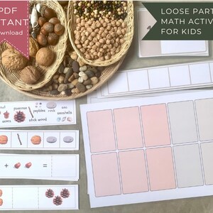 May include: A collection of loose parts math activities for kids. The image includes baskets of natural items like walnuts, acorns, and pebbles, along with printed cards featuring math problems and visual aids. Text on the image says "PDF INSTANT download" and "LOOSE PART MATH ACTIVITIES FOR KIDS."