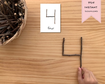 Actividad con piezas sueltas naturales, tarjetas matemáticas con palitos de madera, práctica de formas numéricas Montessori (patrón PDF)