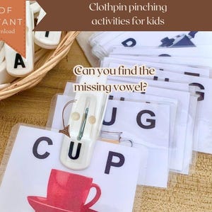50 tarjetas CVC/Juego de clip de letras faltantes/Actividad de pellizco/Práctica de motricidad fina/Inspirado en Montessori/Vocabulario/Tarjetas de partes sueltas