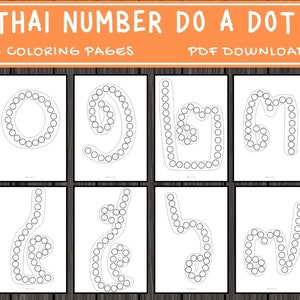 Puede incluir: Ocho páginas imprimibles en blanco y negro de números tailandeses para conectar los puntos. Las páginas presentan los números tailandeses 0, 1, 2, 3, 4, 5, 6 y 7. El título "THAI NUMBER DO A DOT" y "20 COLORING PAGES" están en la parte superior de la imagen. El texto "PDF DOWNLOAD" está en la parte superior derecha de la imagen.