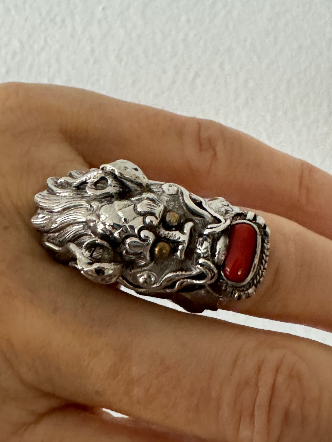 Sterling Siler Coral Tibetan Dragon Ring
