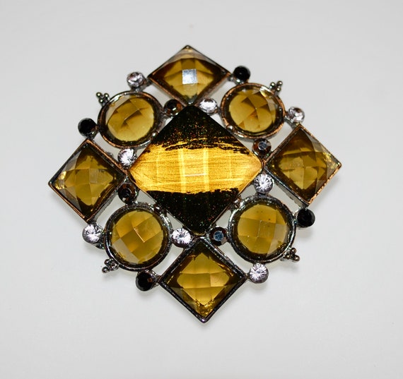 Vintage Tiger Eye Glass Retro Pin Brooch - image 1
