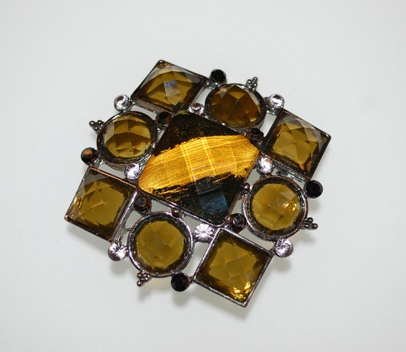 Vintage Tiger Eye Glass Retro Pin Brooch - image 3