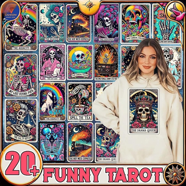 20+ Snarky Funny Tarot Card Bundle, Woman Skeleton Mother Sublimation Design, Witchy Vibes Skull Mama PNG File, Snarky Funny, Digital File
