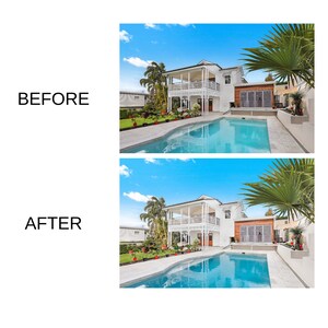 May include: Before and after photos of a white house with a swimming pool. The house has a large porch and a wooden fence. The pool is surrounded by a stone patio.