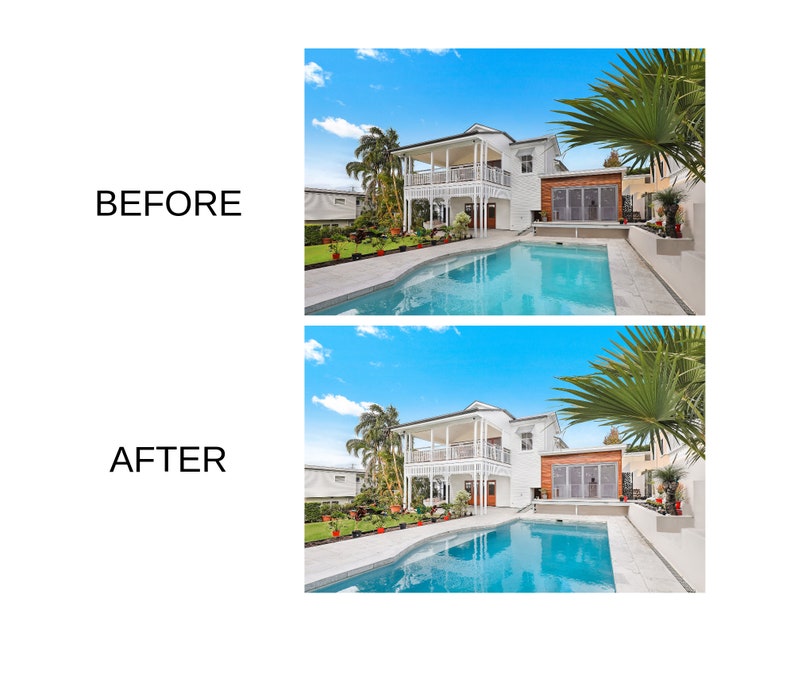 May include: Before and after photos of a white house with a swimming pool. The house has a large porch and a wooden fence. The pool is surrounded by a stone patio.