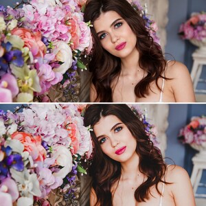 Puede incluir: Una mujer con el pelo largo y casta&ntilde;o posa con un ramo de flores rosas, moradas y blancas. Lleva un top blanco sin mangas y tiene un maquillaje natural con pintalabios rosa.