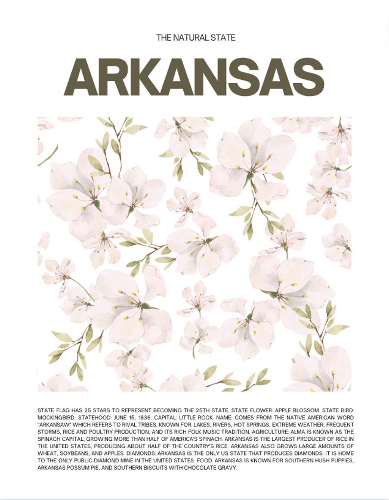 Arkansas State Wall Art Print - Digital File - State Flower With State ...