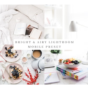 Puede incluir: Una cama blanca con ropa de cama blanca y una revista encima. Una mesa blanca con una l&aacute;mpara blanca, un tel&eacute;fono, un taz&oacute;n de fruta y una pila de libros de cocina. Una superficie de azulejos blancos con dos tazones de fruta y bayas, una rama de bayas rojas y una cafetera.