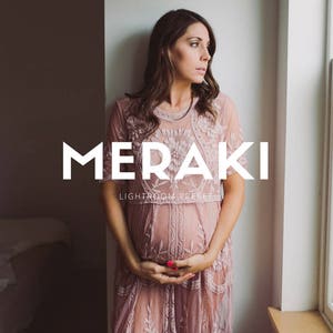 May include: A woman in a pink lace dress with the word "MERAKI" and "LIGHTROOM PRESET" printed on it. She is standing in front of a window.