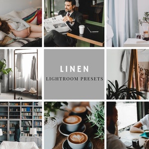 Puede incluir: Un collage de im&aacute;genes que muestran una variedad de elementos de dise&ntilde;o de interiores, que incluyen una estanter&iacute;a, una planta, una taza de caf&eacute; y una persona sentada en una mesa. El texto "LINEN LIGHTROOM PRESETS" se muestra en el centro del collage.
