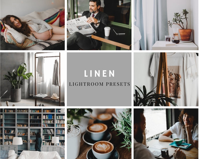 Puede incluir: Un collage de im&aacute;genes que muestran una variedad de elementos de dise&ntilde;o de interiores, que incluyen una estanter&iacute;a, una planta, una taza de caf&eacute; y una persona sentada en una mesa. El texto "LINEN LIGHTROOM PRESETS" se muestra en el centro del collage.