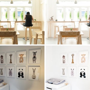 Puede incluir: Una pared blanca con un conjunto de nueve estampados de animales enmarcados. Los estampados presentan una cebra, una jirafa, un le&oacute;n, un panda, una llama, un rinoceronte y un mono. Los estampados est&aacute;n dispuestos en un patr&oacute;n de cuadr&iacute;cula.