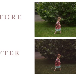 May include: The image shows a split screen with "BEFORE" and "AFTER" text in a mauve font. The right side of the image shows a child walking on grass. The top image is brighter than the bottom image. The child is wearing a red and blue patterned outfit.