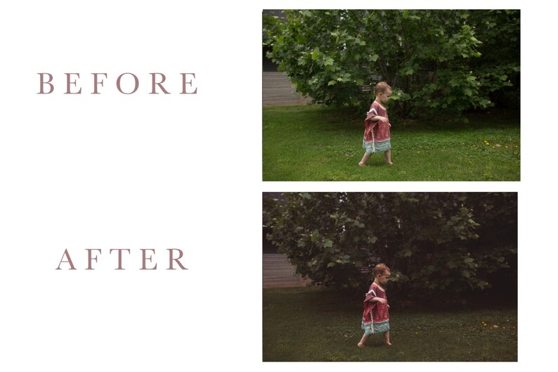 May include: The image shows a split screen with "BEFORE" and "AFTER" text in a mauve font. The right side of the image shows a child walking on grass. The top image is brighter than the bottom image. The child is wearing a red and blue patterned outfit.