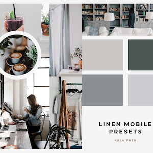 Puede incluir: Un collage de im&aacute;genes que muestran una est&eacute;tica minimalista con una paleta de colores blanco, gris y negro. Las im&aacute;genes incluyen una cafeter&iacute;a, una estanter&iacute;a, un perchero y una planta. El texto "LINEN MOBILE PRESETS KALA RATH" se muestra en la parte inferior de la imagen.