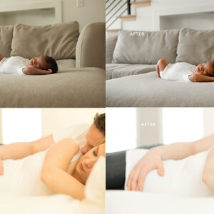 May include: Two images show before and after edits of a newborn baby sleeping on a beige couch. The second set of images shows a couple lying in bed, before and after edits.
