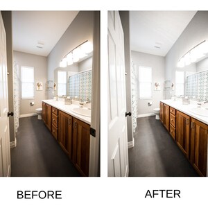 May include: Before and after photos of a bathroom remodel. The before photo shows a bathroom with outdated fixtures and a dark color scheme. The after photo shows the same bathroom with updated fixtures, a light color scheme, and a new vanity.