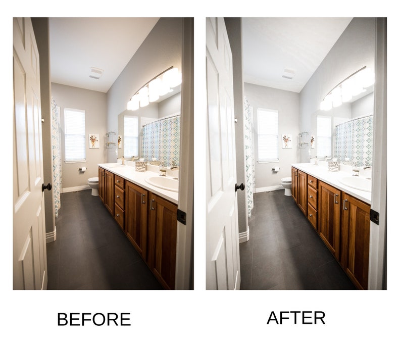 May include: Before and after photos of a bathroom remodel. The before photo shows a bathroom with outdated fixtures and a dark color scheme. The after photo shows the same bathroom with updated fixtures, a light color scheme, and a new vanity.