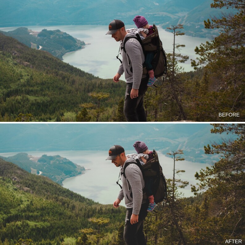 Puede incluir: Una persona con una sudadera gris con capucha y una gorra de b&eacute;isbol negra lleva a un ni&ntilde;o en una mochila portabeb&eacute;s negra y gris por un sendero de monta&ntilde;a. El sendero domina un lago y colinas boscosas.