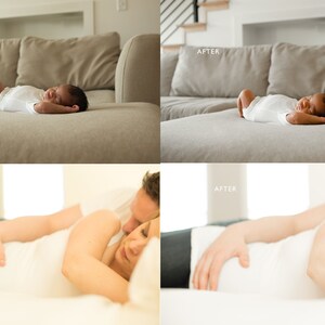 Puede incluir: Dos im&aacute;genes que muestran fotos antes y despu&eacute;s de un beb&eacute; reci&eacute;n nacido durmiendo en un sof&aacute; y una pareja acostada en una cama. Las fotos despu&eacute;s muestran las im&aacute;genes editadas con un tono m&aacute;s natural y c&aacute;lido.
