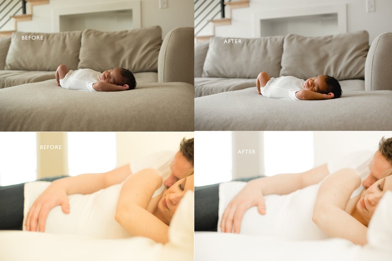 Puede incluir: Dos im&aacute;genes que muestran fotos antes y despu&eacute;s de un beb&eacute; reci&eacute;n nacido durmiendo en un sof&aacute; y una pareja acostada en una cama. Las fotos despu&eacute;s muestran las im&aacute;genes editadas con un tono m&aacute;s natural y c&aacute;lido.