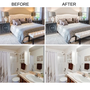 May include: Before and after photos of a bedroom and bathroom. The bedroom features a large bed with a gray comforter and white and gray pillows. The bathroom has a white bathtub and shower with a white shower curtain. The bathroom also has a white vanity with a brown countertop and a white sink.