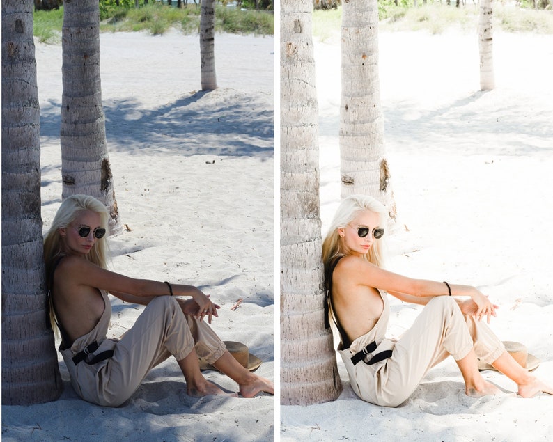 Puede incluir: Una mujer con un mono beige y gafas de sol se sienta en una playa de arena con palmeras en el fondo.