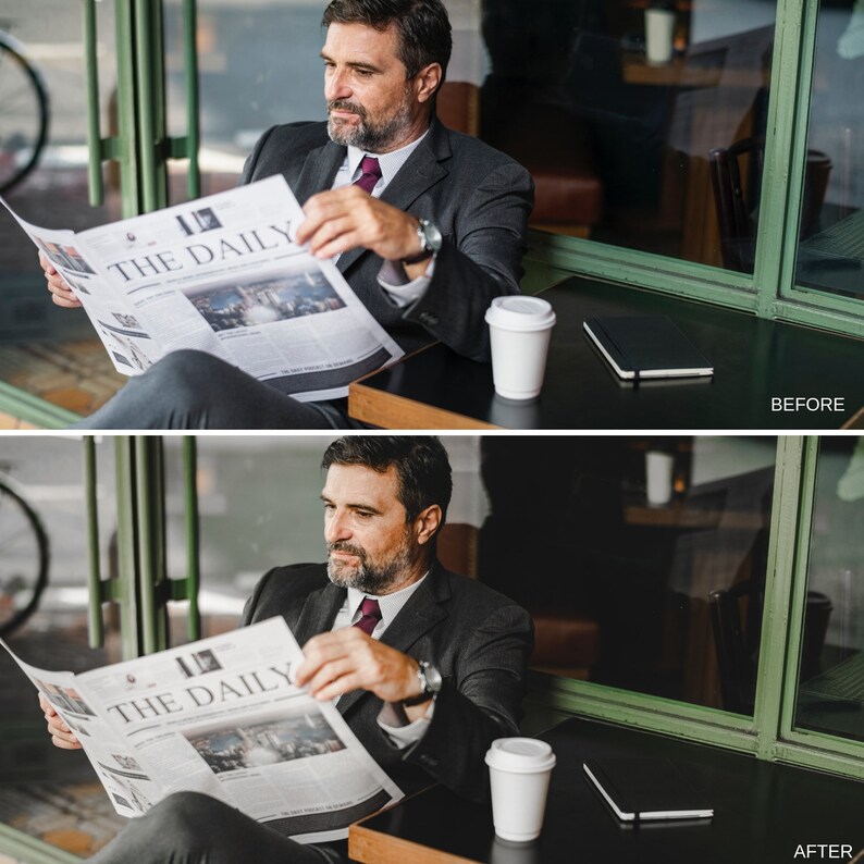 Puede incluir: Un hombre con traje est&aacute; sentado en una mesa leyendo un peri&oacute;dico llamado "The Daily". Est&aacute; sosteniendo una taza de caf&eacute; en su mano derecha. Hay un cuaderno en la mesa a su lado.