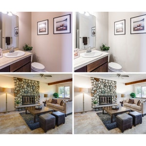 May include: A living room with a stone fireplace, a beige couch, two brown leather ottomans, and a coffee table with a rug underneath. The fireplace has a glass door and a fire burning inside. There are two lamps on either side of the fireplace.