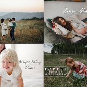 May include: A collage of four images showcasing different photo presets for Adobe Camera Raw. The presets are named "Mountain Preset", "Bright & Airy Preset", "Linen Preset", and "Forest Preset".