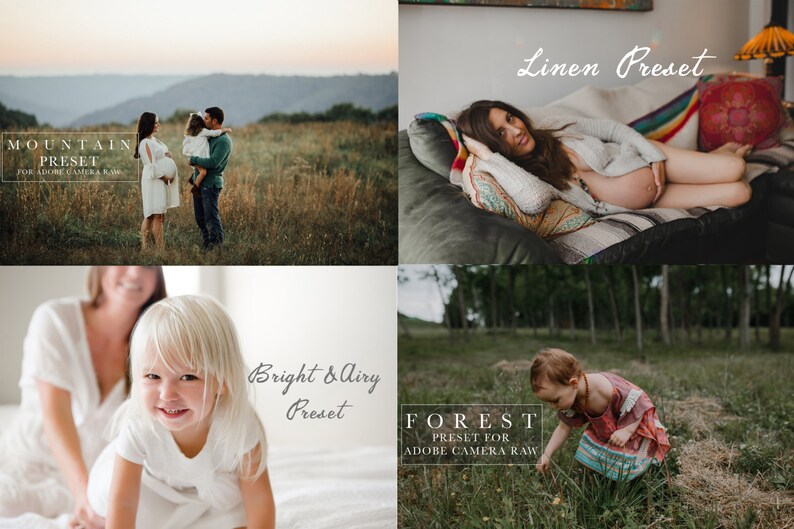 May include: A collage of four images showcasing different photo presets for Adobe Camera Raw. The presets are named "Mountain Preset", "Bright & Airy Preset", "Linen Preset", and "Forest Preset".