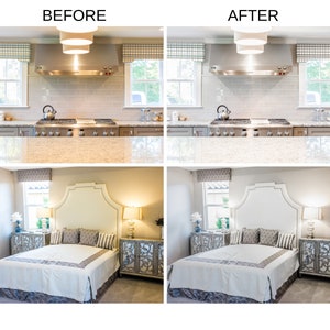 May include: Before and after photos of a kitchen and bedroom. The kitchen has a stainless steel range hood and white tile backsplash. The bedroom has a white upholstered headboard and a mirrored nightstand.