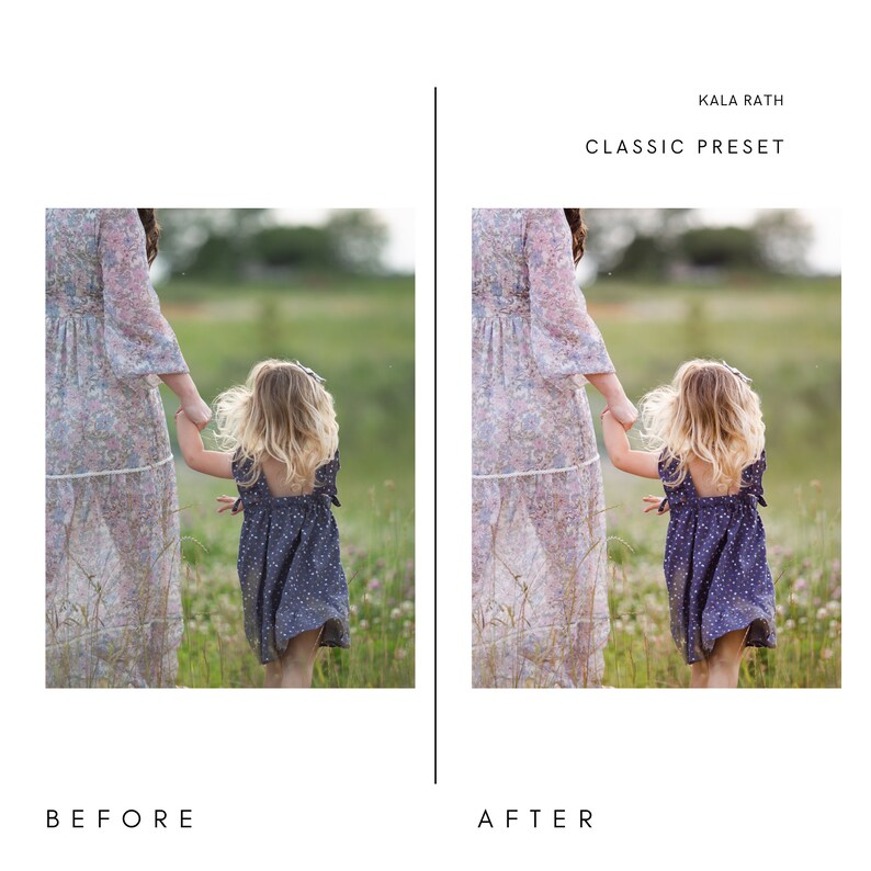 K&ouml;nnte beinhalten: Ein Vorher-Nachher-Bild, das den Unterschied zwischen einem mit einem Preset bearbeiteten Foto und einem unbearbeiteten Foto zeigt. Das Foto zeigt eine Mutter und ihre Tochter, die auf einem Feld spazieren gehen. Das Preset macht das Foto heller und lebendiger.