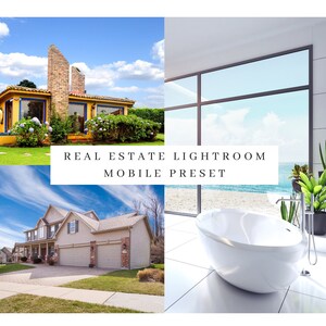 May include: A collage of three images showcasing real estate photography presets. The first image shows a yellow house with a blue door and green bushes. The second image shows a two-story house with a garage door. The third image shows a white bathtub in a modern bathroom with a large window overlooking a beach.