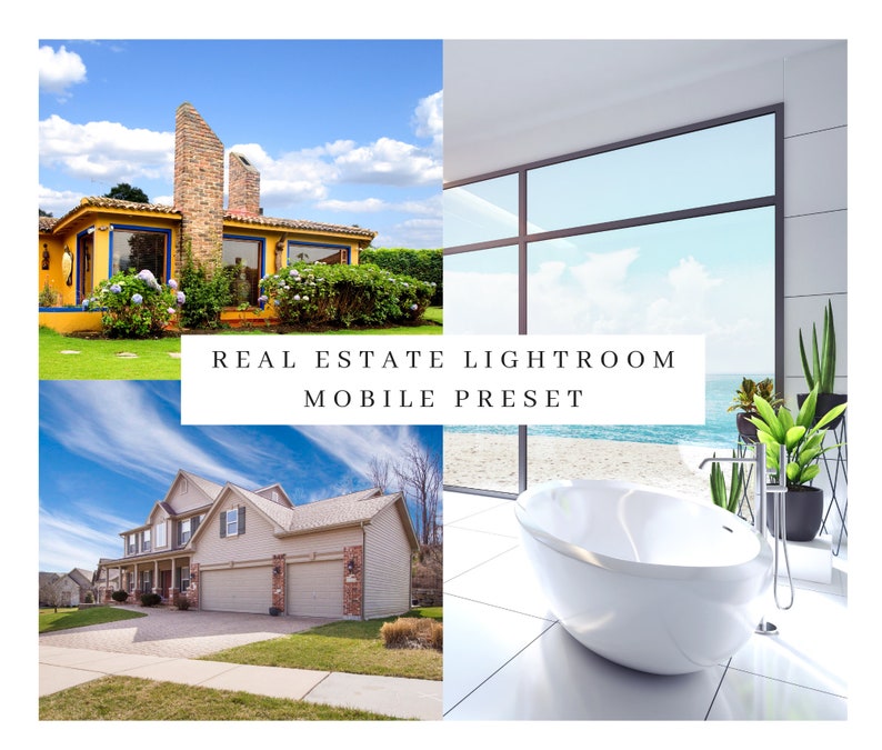 May include: A collage of three images showcasing real estate photography presets. The first image shows a yellow house with a blue door and green bushes. The second image shows a two-story house with a garage door. The third image shows a white bathtub in a modern bathroom with a large window overlooking a beach.