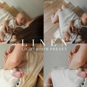 Puede incluir: Una imagen de antes y despu&eacute;s que muestra el efecto de un preset de Lightroom llamado "LINEN". La imagen muestra a una mujer sosteniendo a un beb&eacute; dormido en un tramo de escaleras. La imagen "antes" est&aacute; ligeramente sobreexpuesta y tiene un tono amarillo. La imagen "despu&eacute;s" es m&aacute;s c&aacute;lida y tiene un tono de piel m&aacute;s natural.