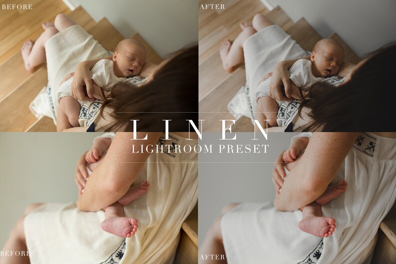 Puede incluir: Una imagen de antes y despu&eacute;s que muestra el efecto de un preset de Lightroom llamado "LINEN". La imagen muestra a una mujer sosteniendo a un beb&eacute; dormido en un tramo de escaleras. La imagen "antes" est&aacute; ligeramente sobreexpuesta y tiene un tono amarillo. La imagen "despu&eacute;s" es m&aacute;s c&aacute;lida y tiene un tono de piel m&aacute;s natural.