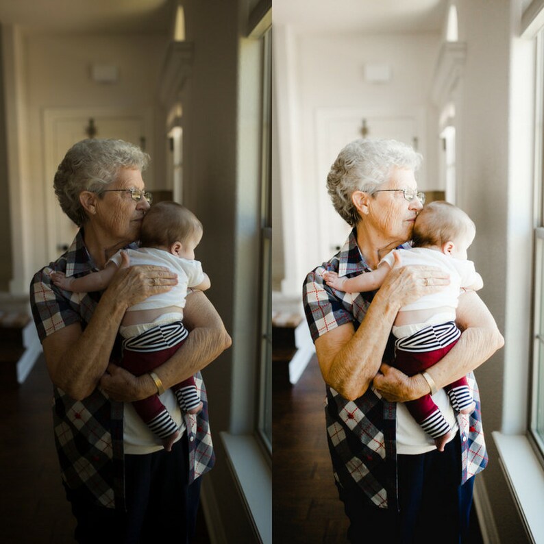 Puede incluir: Una mujer con el pelo gris y gafas sostiene a un beb&eacute; en sus brazos. El beb&eacute; lleva una camisa blanca con rayas negras y rojas. La mujer lleva una camisa de cuadros y pantalones negros. El fondo es una pared de color claro con una ventana.