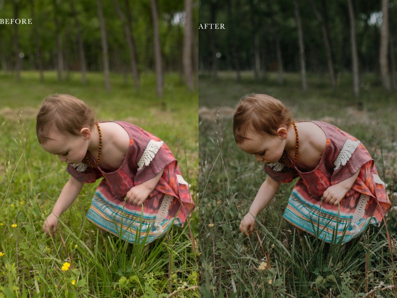 May include: A young child wearing a pink and blue patterned dress with white fringe is kneeling in a grassy field, looking down at the ground. The child is wearing a beaded necklace and has red hair.
