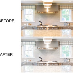 May include: Before and after kitchen renovation with white cabinets, stainless steel appliances, and a light gray tiled backsplash. The kitchen features a large island with a granite countertop.
