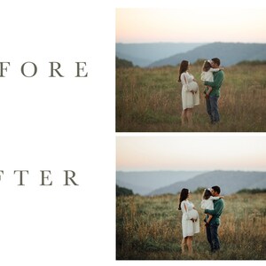 May include: A family of three poses in a field with a mountain range in the background. The woman is pregnant and wearing a white dress. The man is wearing a green shirt and jeans. The child is wearing a white dress and a flower crown. The sky is a soft pink and orange.