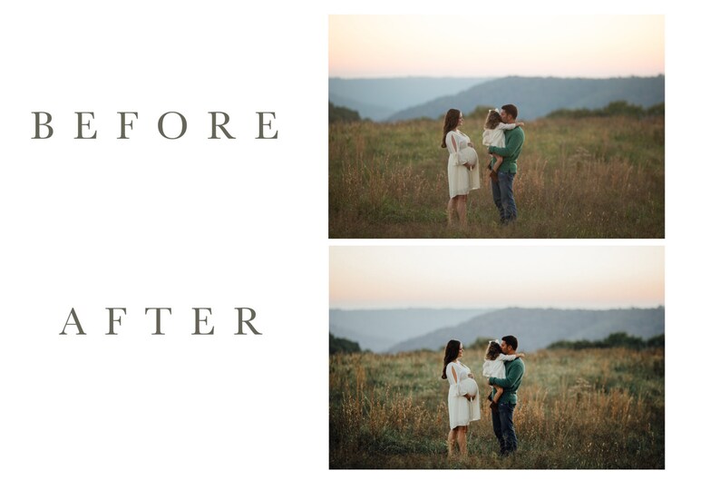 May include: A family of three poses in a field with a mountain range in the background. The woman is pregnant and wearing a white dress. The man is wearing a green shirt and jeans. The child is wearing a white dress and a flower crown. The sky is a soft pink and orange.