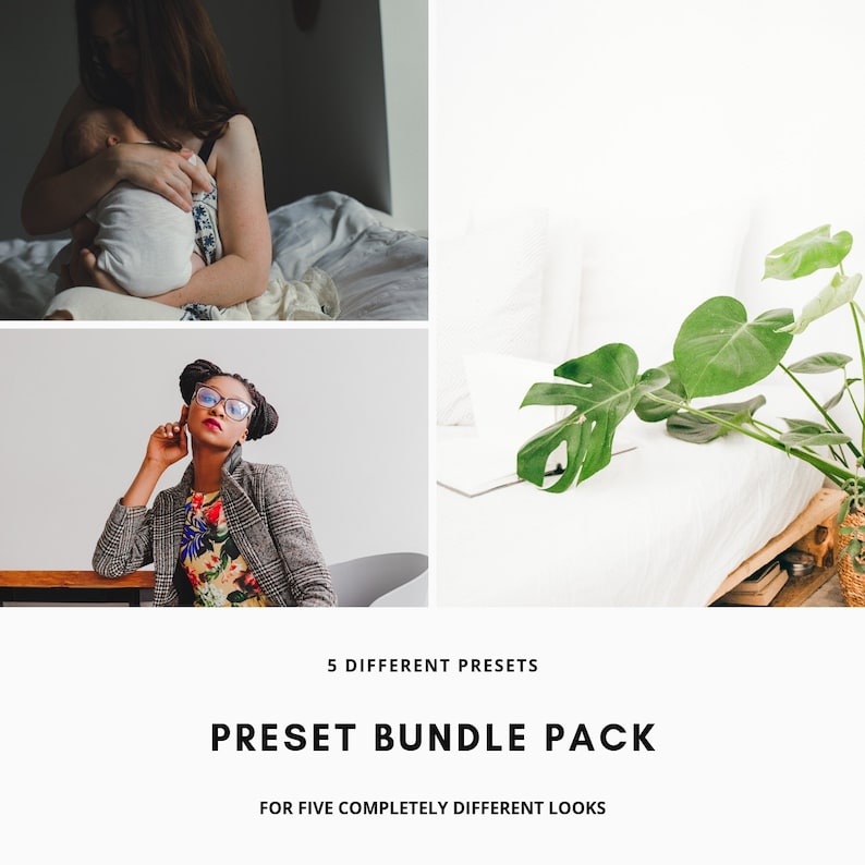 May include: A collage of images showcasing a preset bundle pack for photo editing. The images feature a woman holding a baby, a woman wearing glasses and a blazer, and a white bed with a green plant.